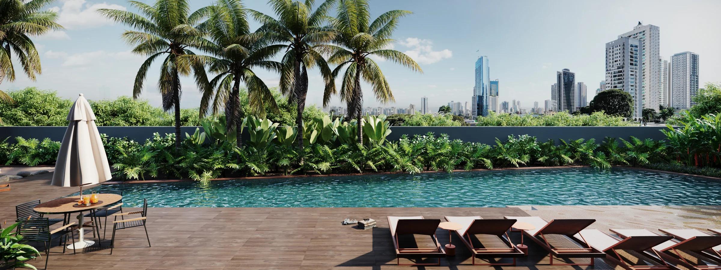 Piscina com deck de madeira, espreguiçadeiras e vista aberta para o skyline da cidade