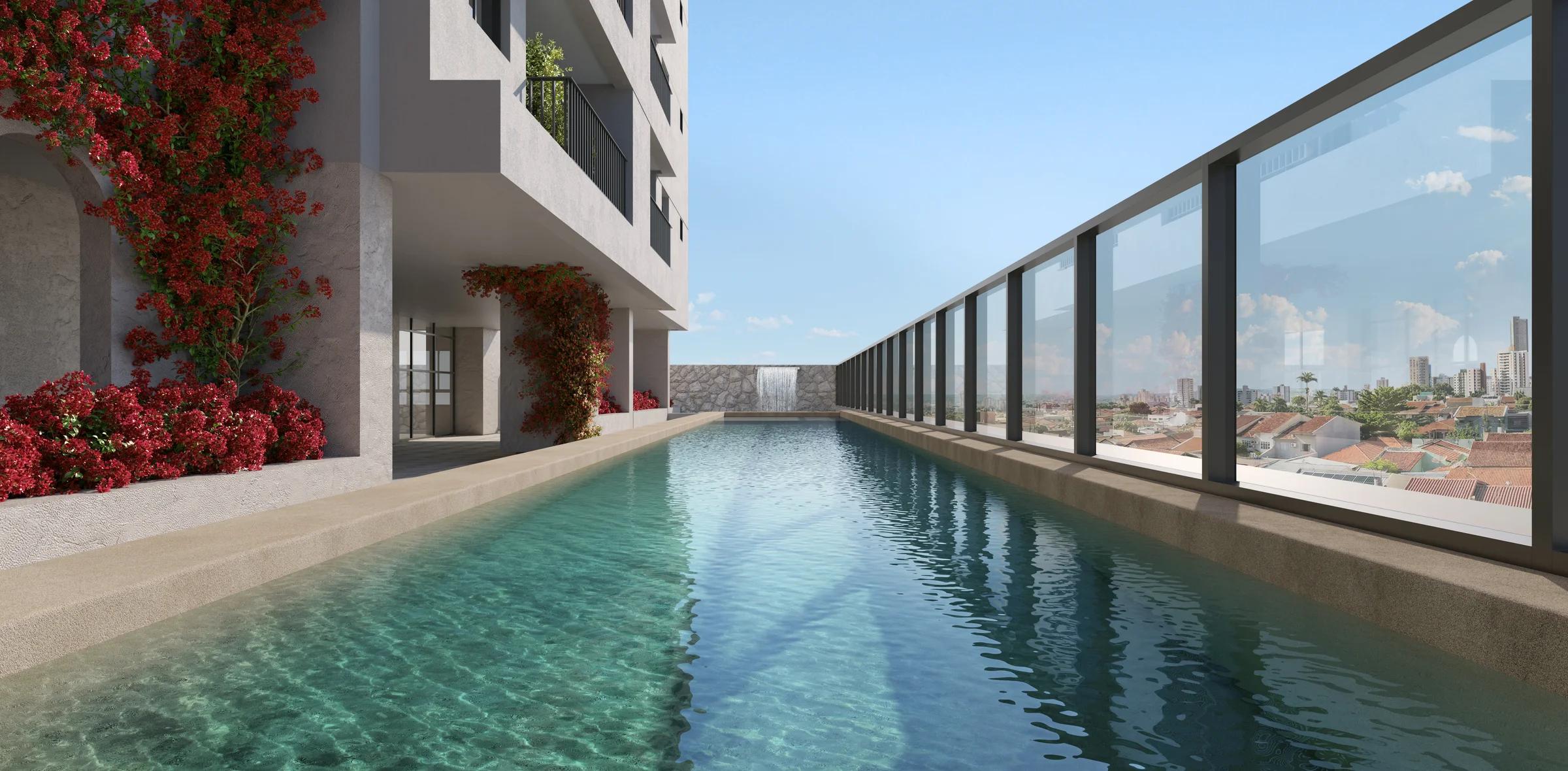 Perspectiva da piscina com deck e vista para a cidade
