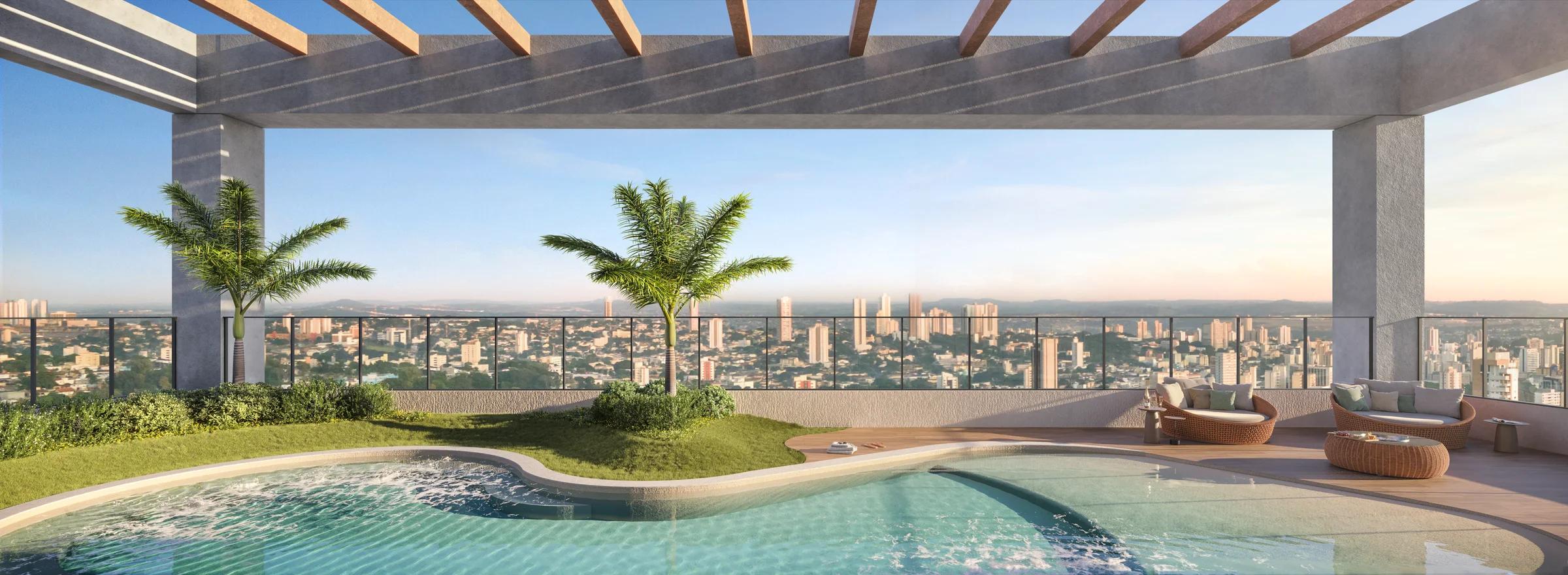 Perspectiva da piscina com deck e vista da cidade