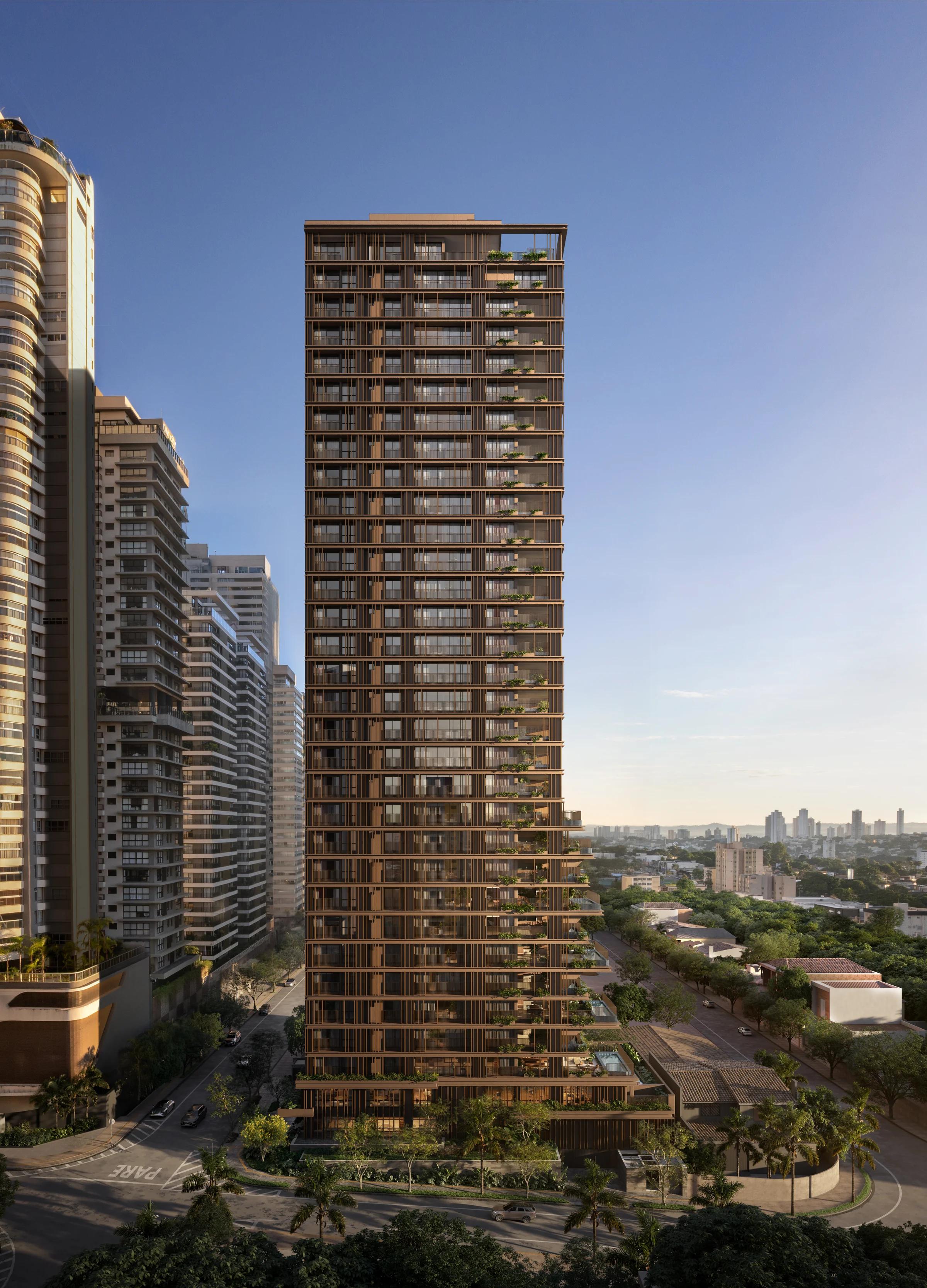 Fachada completa do edifício residencial com arquitetura contemporânea e brises verticais