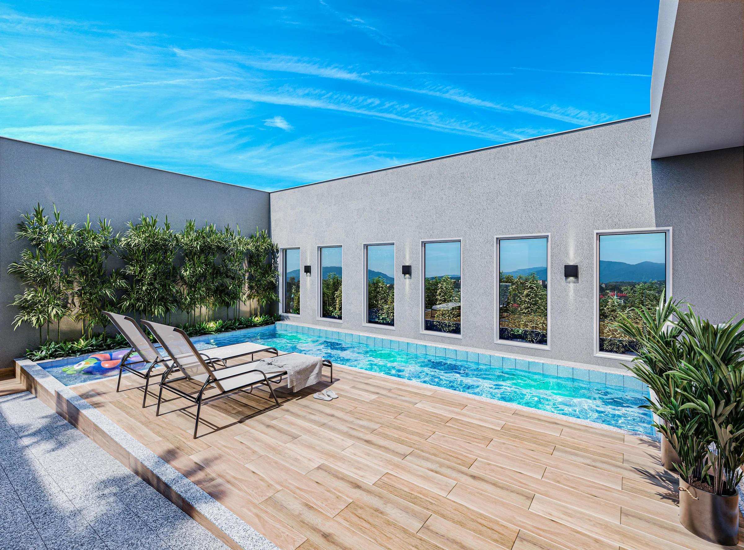 Piscina com deck de madeira e espreguiçadeiras ao ar livre